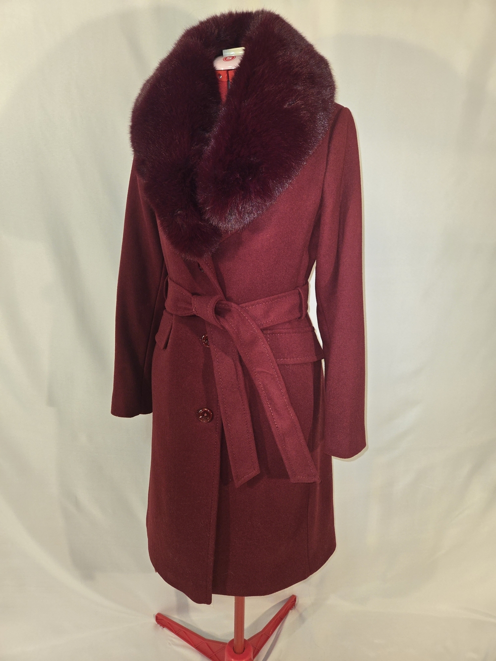 kate spade Burgundy Wool Belted Trench with Faux Fur Collar